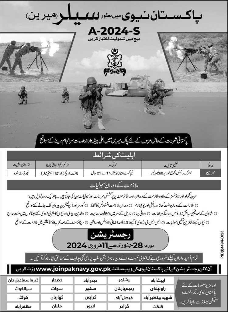 Pakistan Navy Sailor Marine Jobs Advertisement January 2024